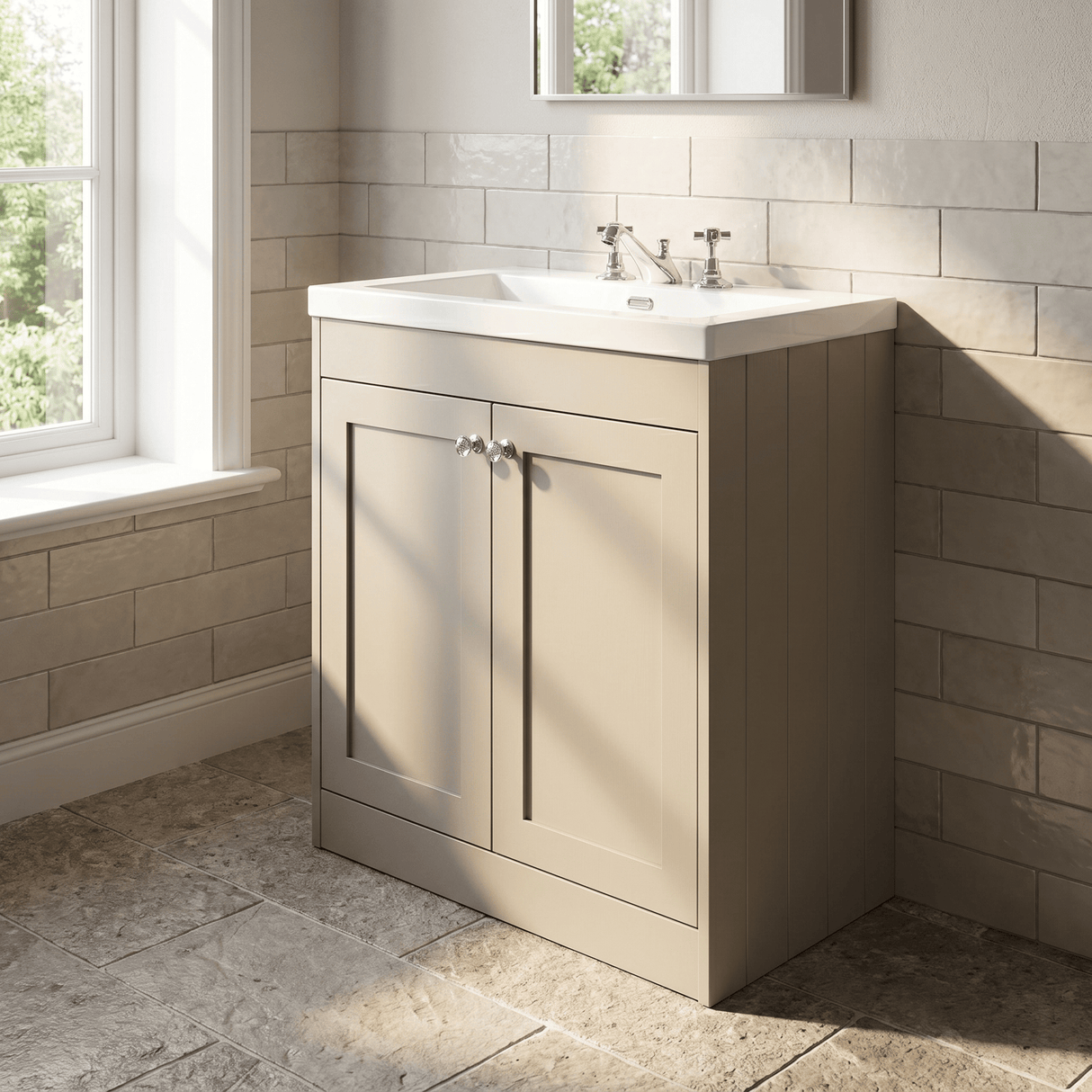 [BFHE3226M] Balterley 800mm Floor Standing 2 Door Unit with Minimalist Basin 3 Tap Hole - Pebble Grey - Lifestyle 3