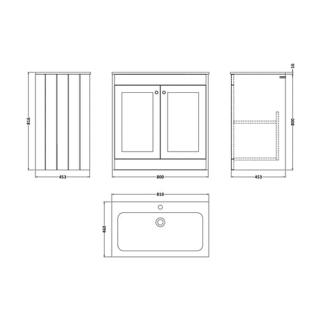 [BFHE3226P] Balterley 800mm Floor Standing 2 Door Unit with Stone Basin 1 Tap Hole - Pebble Grey - Technical Drawing