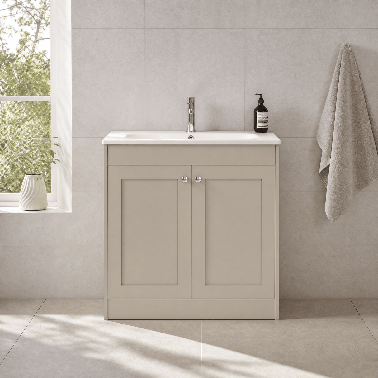 [BFHE3226P] Balterley 800mm Floor Standing 2 Door Unit with Stone Basin 1 Tap Hole - Pebble Grey - Lifestyle 1