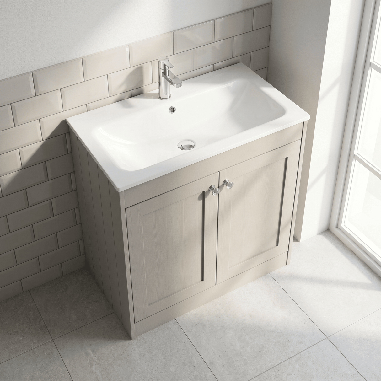 [BFHE3226P] Balterley 800mm Floor Standing 2 Door Unit with Stone Basin 1 Tap Hole - Pebble Grey - Lifestyle 2