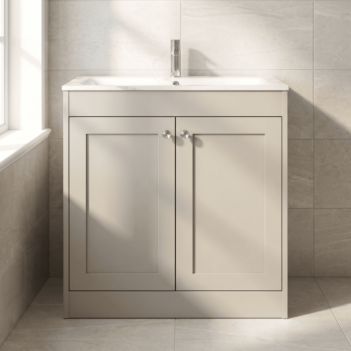 [BFHE3226Q] Balterley 800mm Floor Standing 2 Door Unit & Stone Basin 1 Tap Hole - Pebble Grey - Lifestyle 1