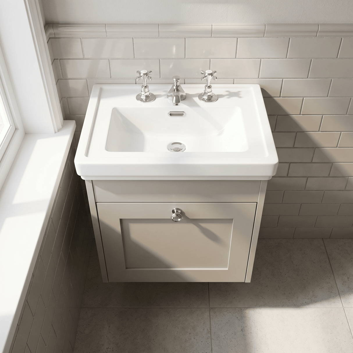 [BFHE3291B] Balterley 500mm Wall Hung 1 Drawer Unit with Classic Basin 3 Tap Hole - Pebble Grey - Lifestyle 2