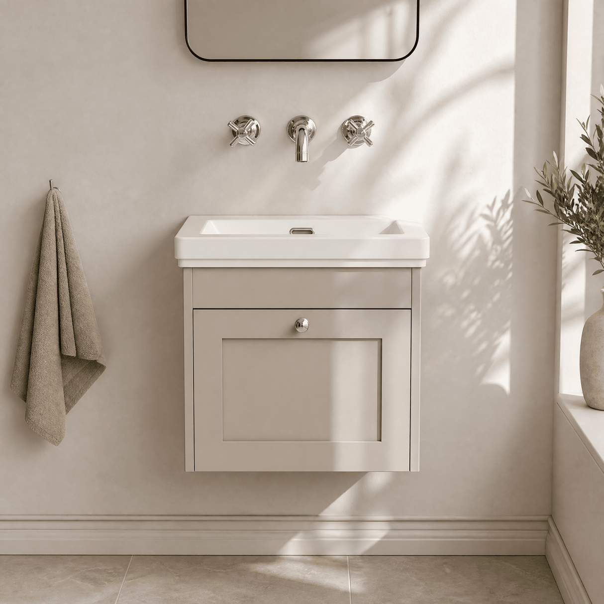 [BFHE3291H] Balterley 500mm Wall Hung 1 Drawer Unit with Classic Basin No Tap Hole - Pebble Grey - Lifestyle 1