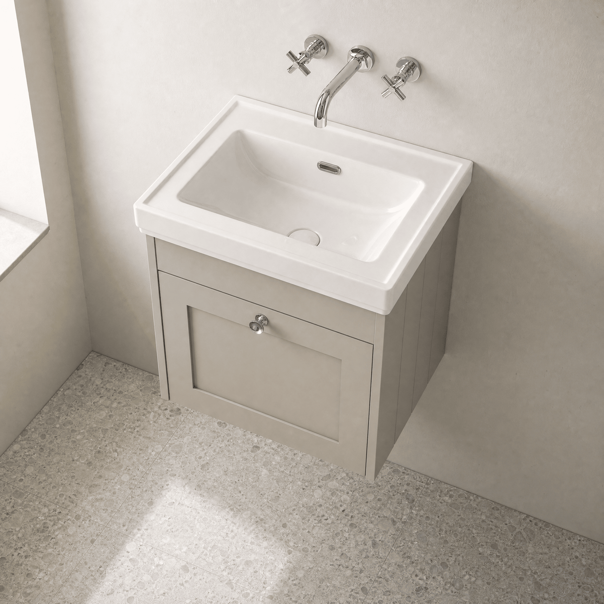 [BFHE3291H] Balterley 500mm Wall Hung 1 Drawer Unit with Classic Basin No Tap Hole - Pebble Grey - Lifestyle 2