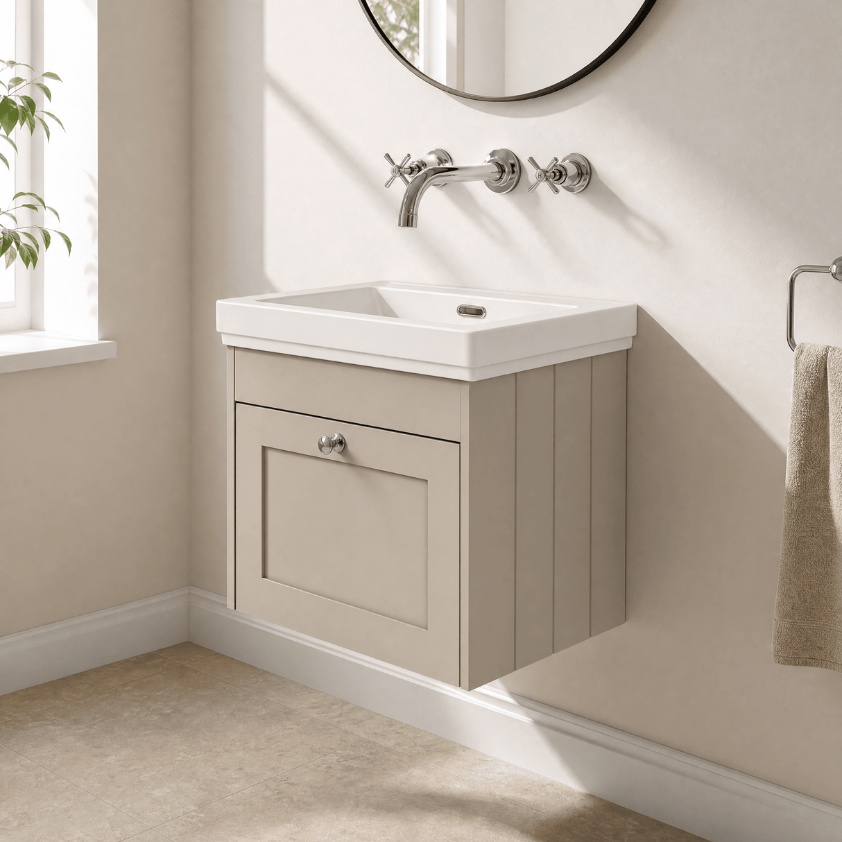 [BFHE3291H] Balterley 500mm Wall Hung 1 Drawer Unit with Classic Basin No Tap Hole - Pebble Grey - Lifestyle 3