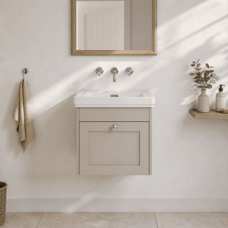 [BFHE3291H] Balterley 500mm Wall Hung 1 Drawer Unit with Classic Basin No Tap Hole - Pebble Grey - Silo