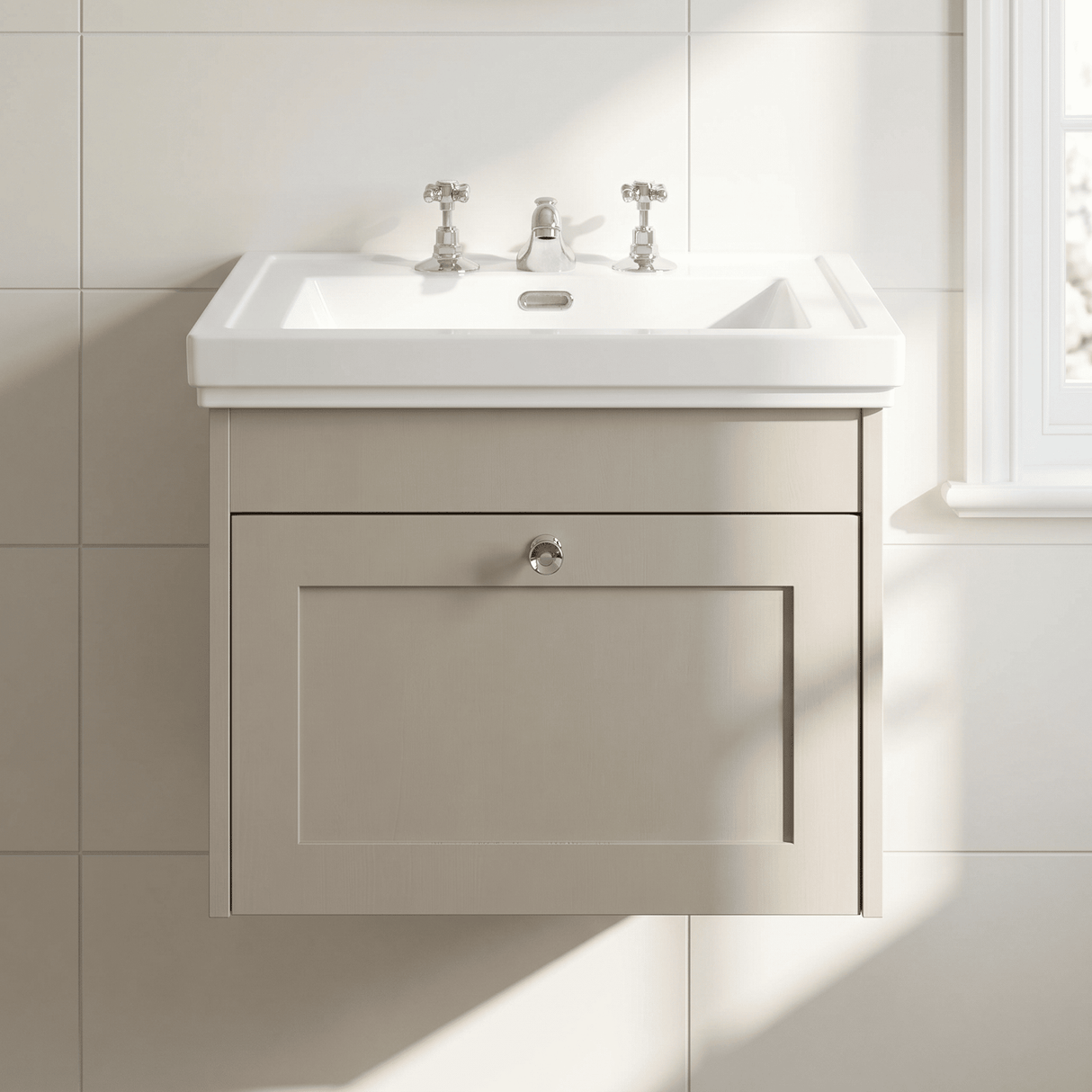 [BFHE3294B] Balterley 600mm Wall Hung 1 Drawer Unit with Classic Basin 3 Tap Hole - Pebble Grey - Lifestyle 1