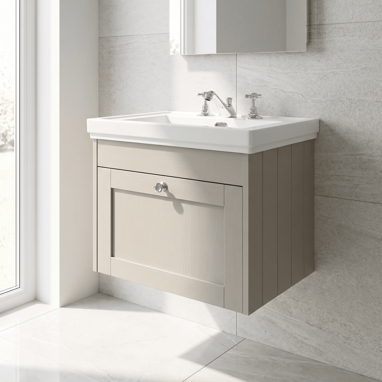 [BFHE3294B] Balterley 600mm Wall Hung 1 Drawer Unit with Classic Basin 3 Tap Hole - Pebble Grey - Lifestyle 3