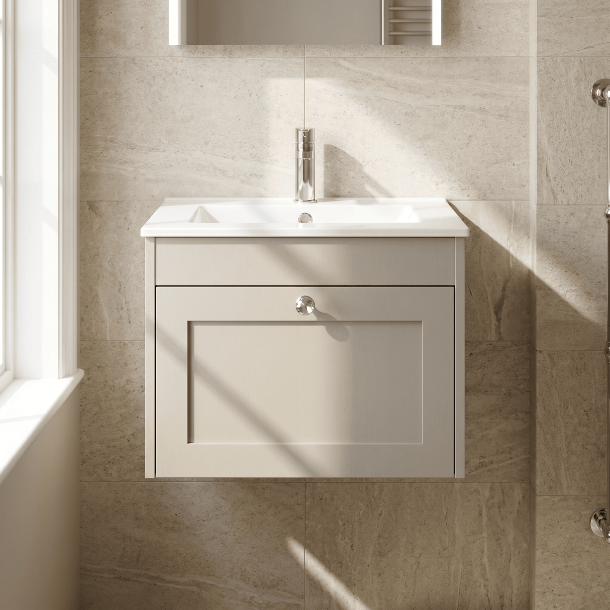 [BFHE3294C] Balterley 600mm Wall Hung 1 Drawer Unit with Minimalist Basin 1 Tap Hole - Pebble Grey - Lifestyle 1