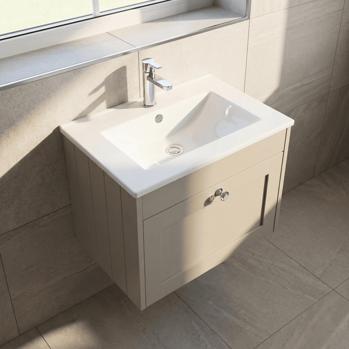 [BFHE3294C] Balterley 600mm Wall Hung 1 Drawer Unit with Minimalist Basin 1 Tap Hole - Pebble Grey - Lifestyle 2