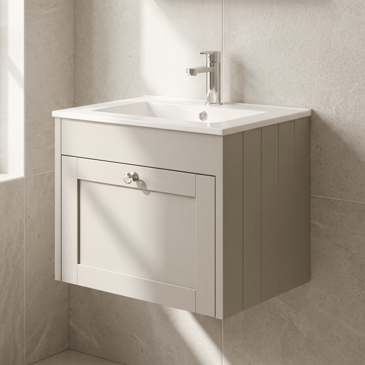 [BFHE3294C] Balterley 600mm Wall Hung 1 Drawer Unit with Minimalist Basin 1 Tap Hole - Pebble Grey - Lifestyle 3