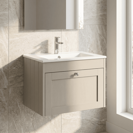 [BFHE3294C] Balterley 600mm Wall Hung 1 Drawer Unit with Minimalist Basin 1 Tap Hole - Pebble Grey - Silo