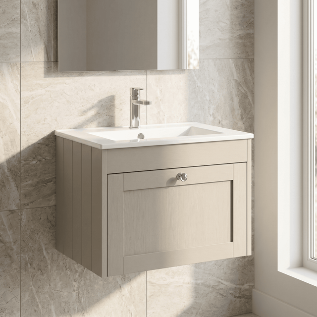 [BFHE3294C] Balterley 600mm Wall Hung 1 Drawer Unit with Minimalist Basin 1 Tap Hole - Pebble Grey - Silo