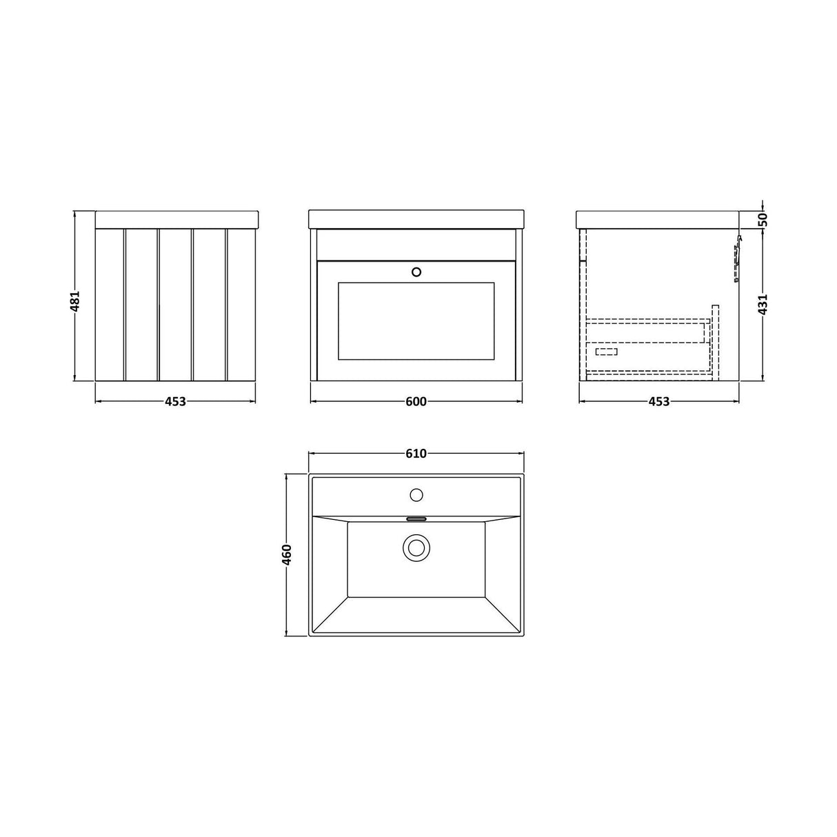 [BFHE3294E] Balterley 600mm Wall Hung 1 Drawer Unit with Thin Edge Basin 1 Tap Hole - Pebble Grey - Technical Drawing