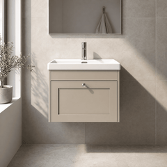 [BFHE3294E] Balterley 600mm Wall Hung 1 Drawer Unit with Thin Edge Basin 1 Tap Hole - Pebble Grey - Lifestyle 1