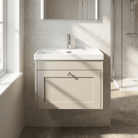 [BFHE3294E] Balterley 600mm Wall Hung 1 Drawer Unit with Thin Edge Basin 1 Tap Hole - Pebble Grey - Silo