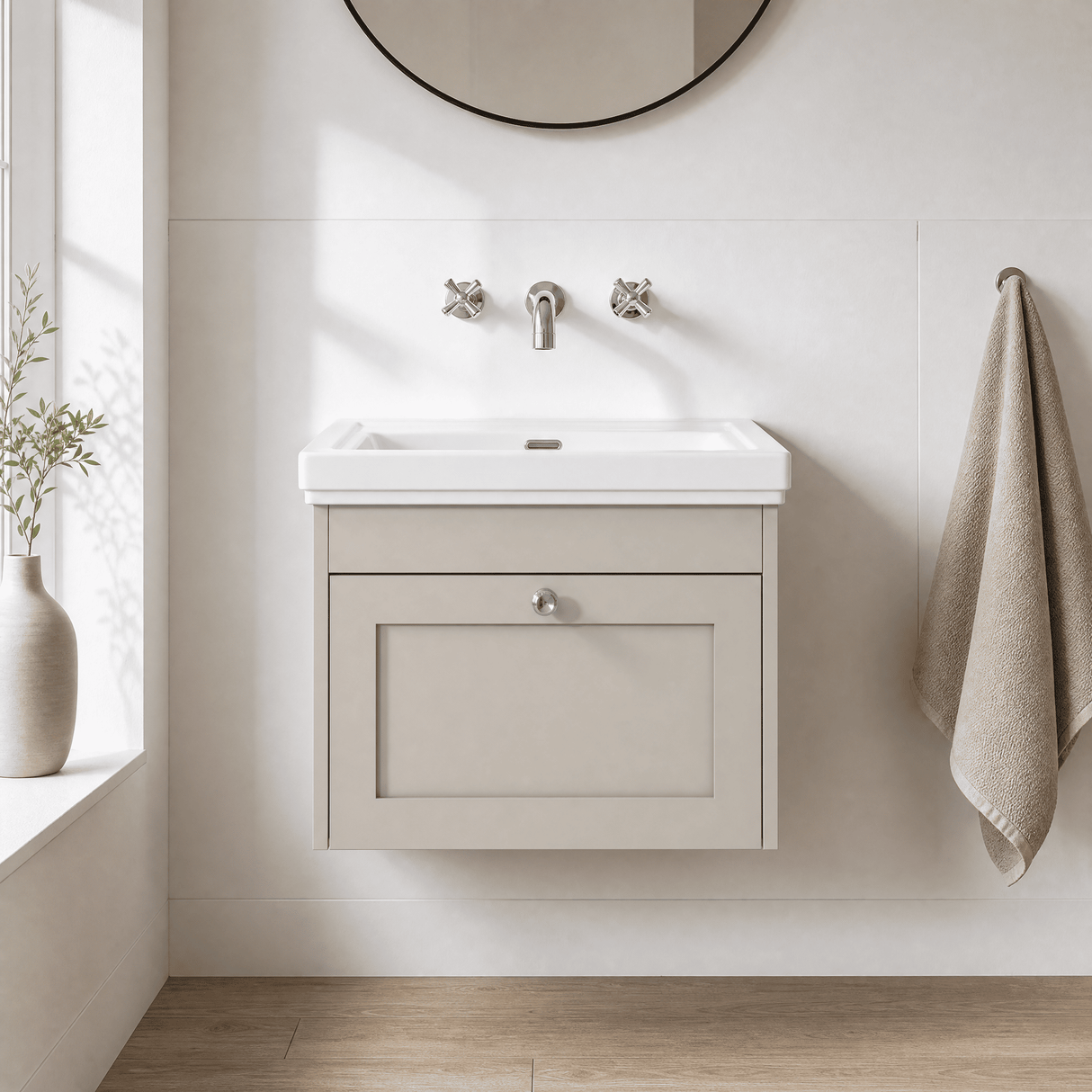 [BFHE3294H] Balterley 600mm Wall Hung 1 Drawer Unit with Classic Basin No Tap Hole - Pebble Grey - Lifestyle 1
