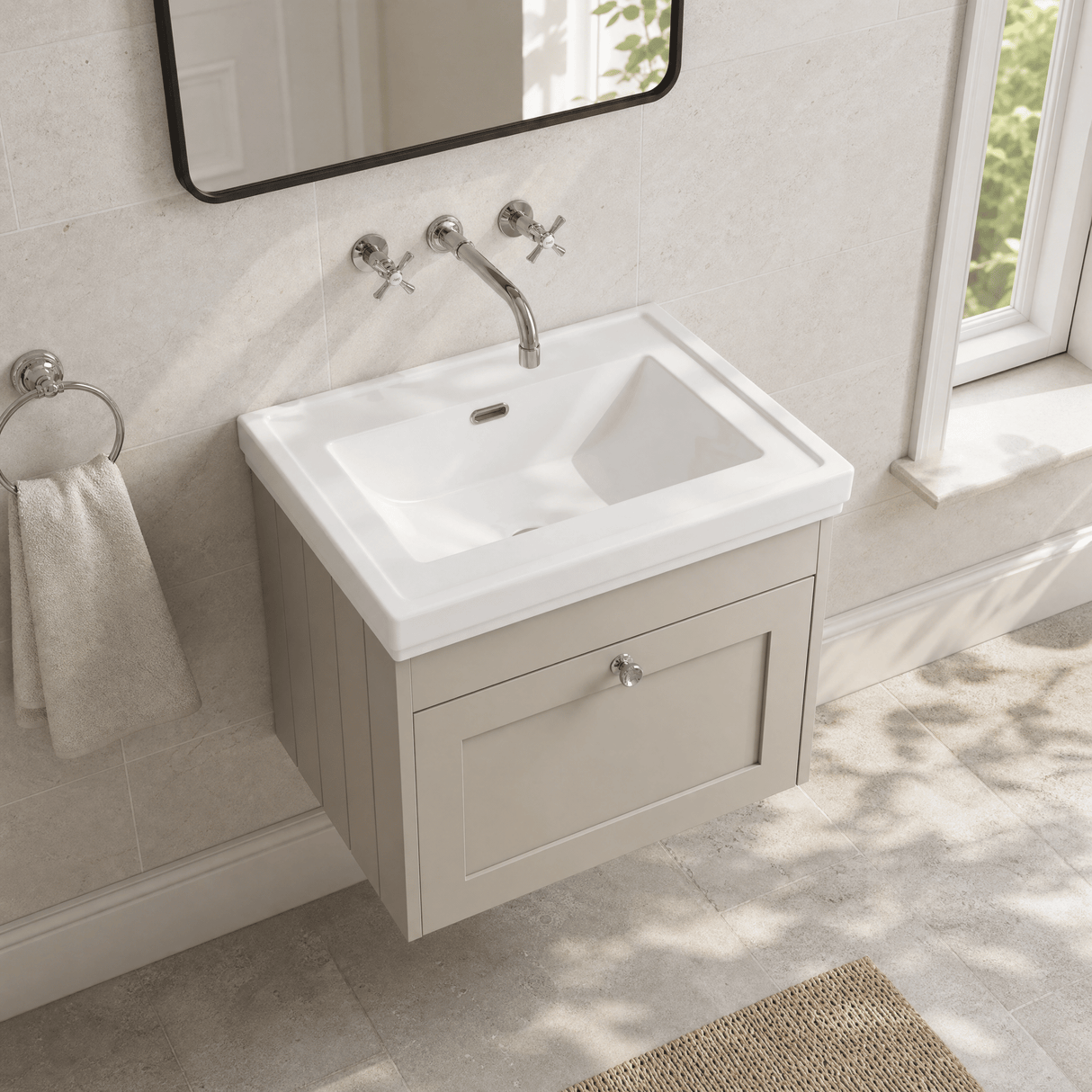 [BFHE3294H] Balterley 600mm Wall Hung 1 Drawer Unit with Classic Basin No Tap Hole - Pebble Grey - Lifestyle 2