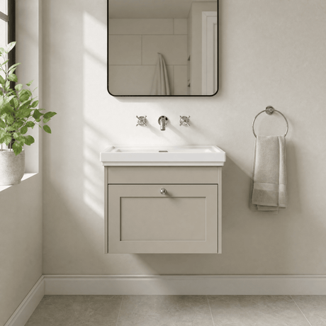[BFHE3294H] Balterley 600mm Wall Hung 1 Drawer Unit with Classic Basin No Tap Hole - Pebble Grey - Silo