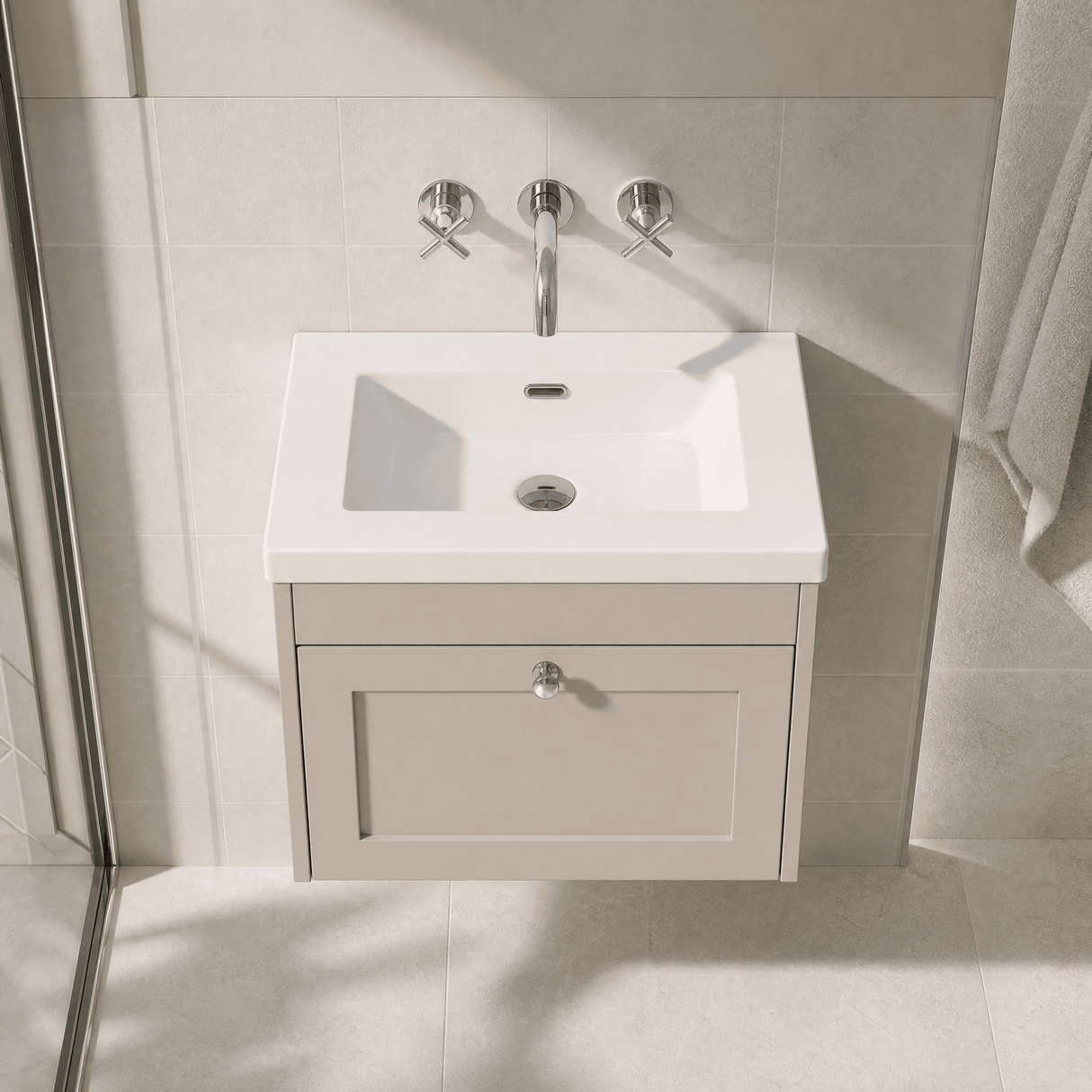 [BFHE3294K] Balterley 600mm Wall Hung 1 Drawer Unit with Minimalist Basin No Tap Hole - Pebble Grey - Lifestyle 2