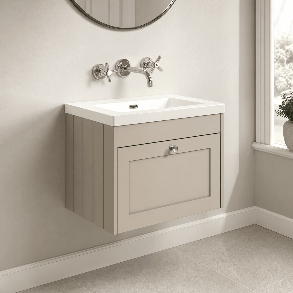 [BFHE3294K] Balterley 600mm Wall Hung 1 Drawer Unit with Minimalist Basin No Tap Hole - Pebble Grey - Lifestyle 3