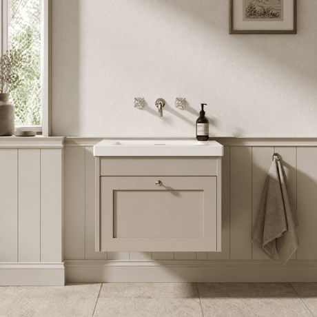 [BFHE3294K] Balterley 600mm Wall Hung 1 Drawer Unit with Minimalist Basin No Tap Hole - Pebble Grey - Silo