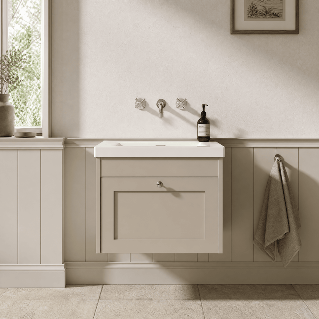 [BFHE3294K] Balterley 600mm Wall Hung 1 Drawer Unit with Minimalist Basin No Tap Hole - Pebble Grey - Silo