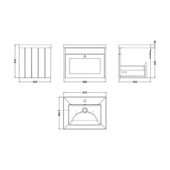 [BFHE3294L] Balterley 600mm Wall Hung 1 Drawer Unit & Minimalist Basin 1 Tap Hole - Pebble Grey - Technical Drawing