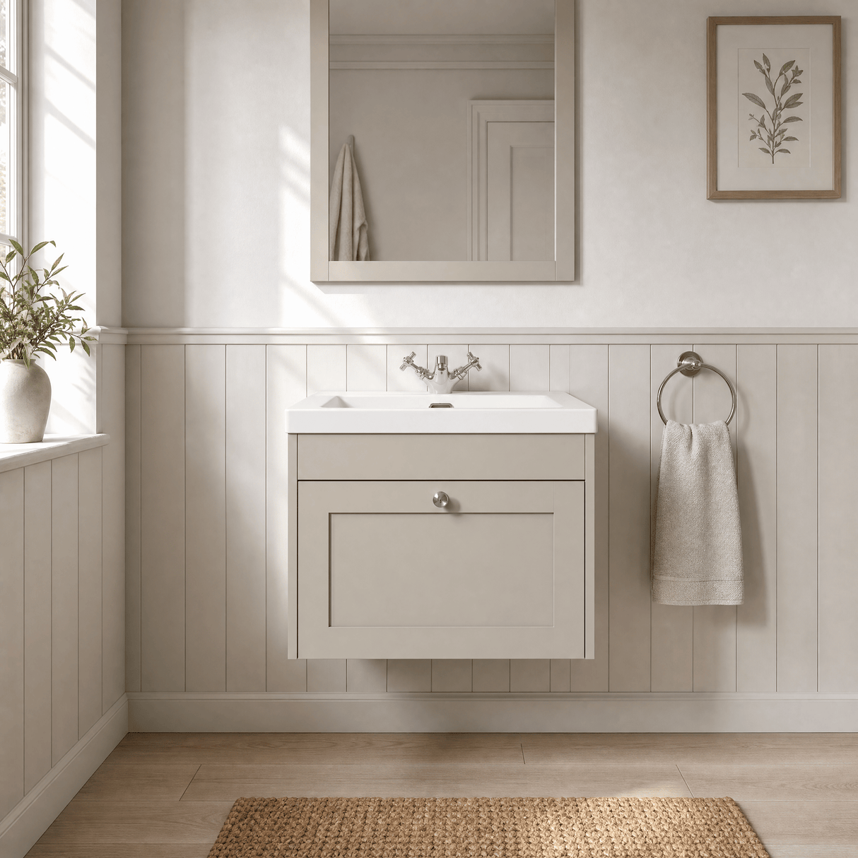 [BFHE3294L] Balterley 600mm Wall Hung 1 Drawer Unit & Minimalist Basin 1 Tap Hole - Pebble Grey - Lifestyle 1