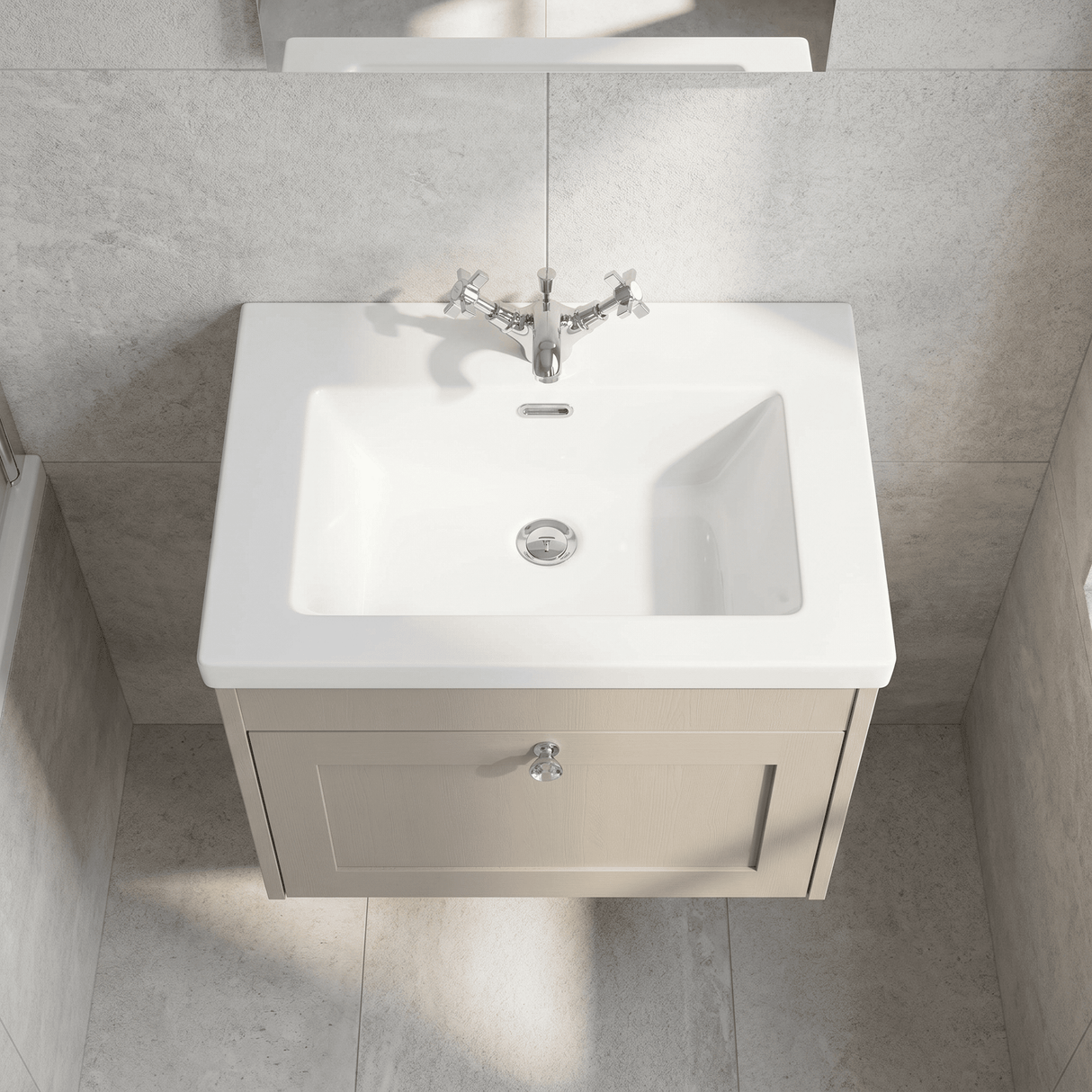[BFHE3294L] Balterley 600mm Wall Hung 1 Drawer Unit & Minimalist Basin 1 Tap Hole - Pebble Grey - Lifestyle 2