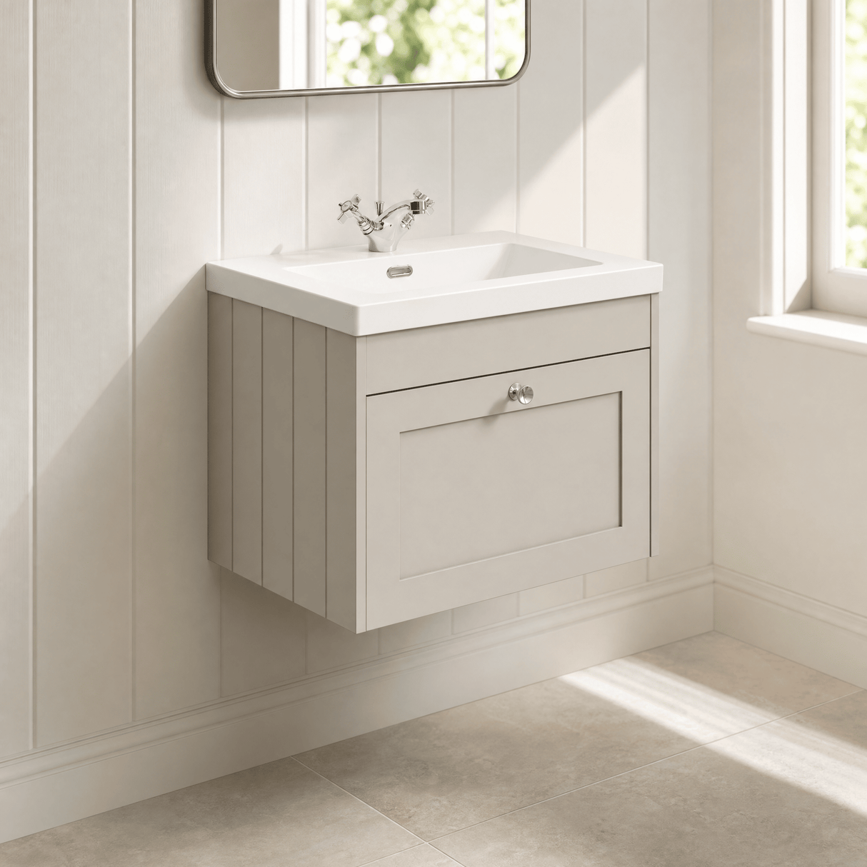 [BFHE3294L] Balterley 600mm Wall Hung 1 Drawer Unit & Minimalist Basin 1 Tap Hole - Pebble Grey - Lifestyle 3