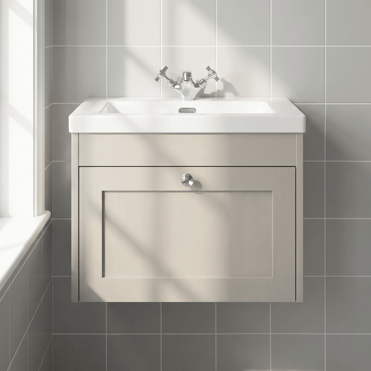 [BFHE3294L] Balterley 600mm Wall Hung 1 Drawer Unit & Minimalist Basin 1 Tap Hole - Pebble Grey - Silo