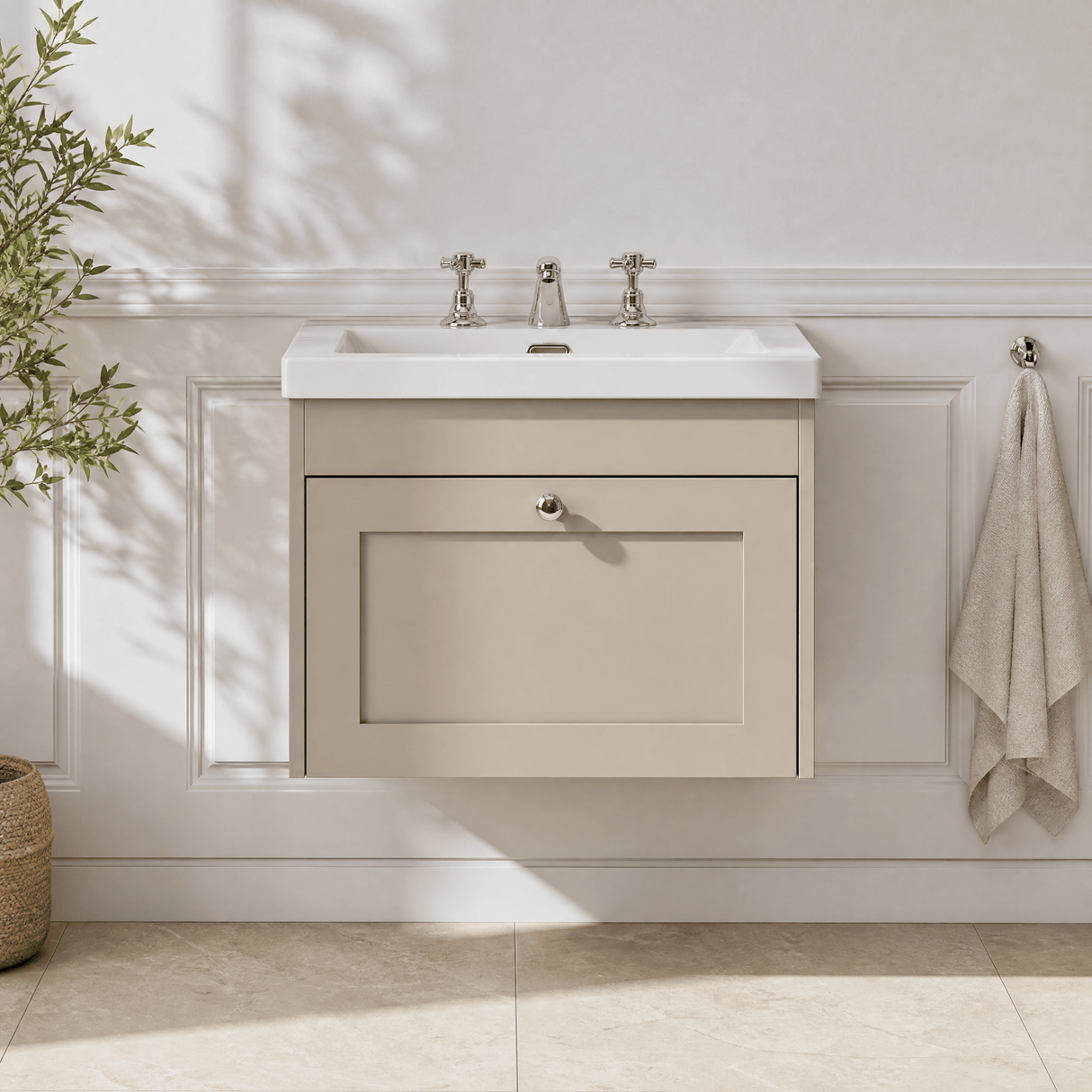 [BFHE3294M] Balterley 600mm Wall Hung 1 Drawer Unit with Minimalist Basin 3 Tap Hole - Pebble Grey - Lifestyle 1