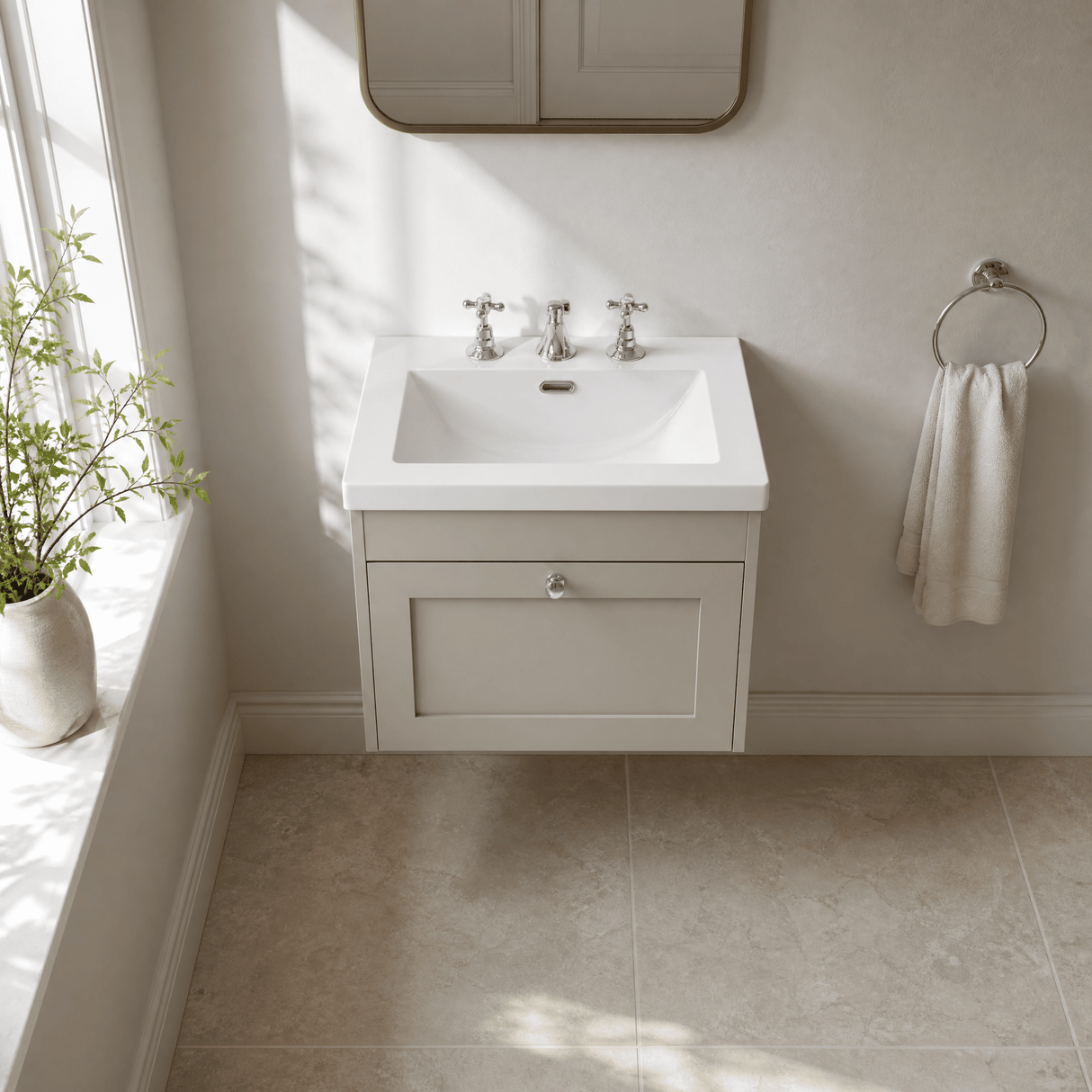 [BFHE3294M] Balterley 600mm Wall Hung 1 Drawer Unit with Minimalist Basin 3 Tap Hole - Pebble Grey - Lifestyle 2