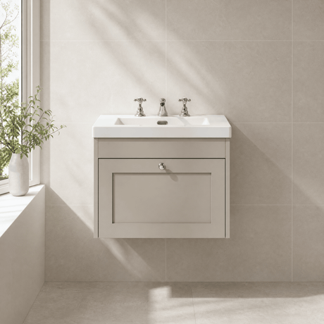 [BFHE3294M] Balterley 600mm Wall Hung 1 Drawer Unit with Minimalist Basin 3 Tap Hole - Pebble Grey - Silo