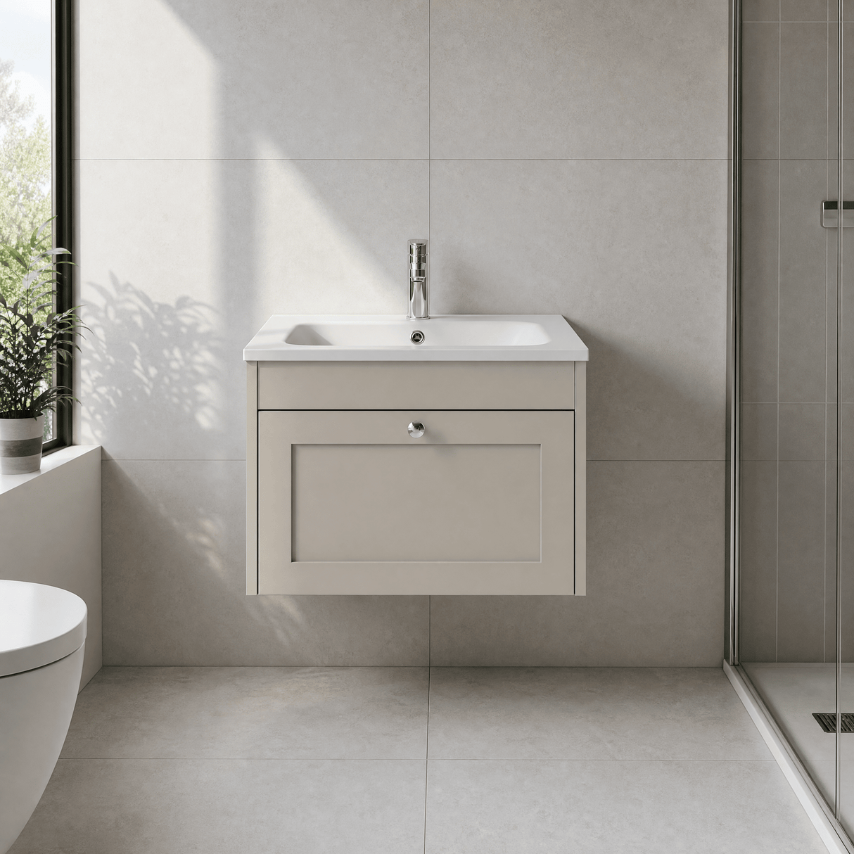 [BFHE3294P] Balterley 600mm Wall Hung 1 Drawer Unit with Stone Basin 1 Tap Hole - Pebble Grey - Lifestyle 1