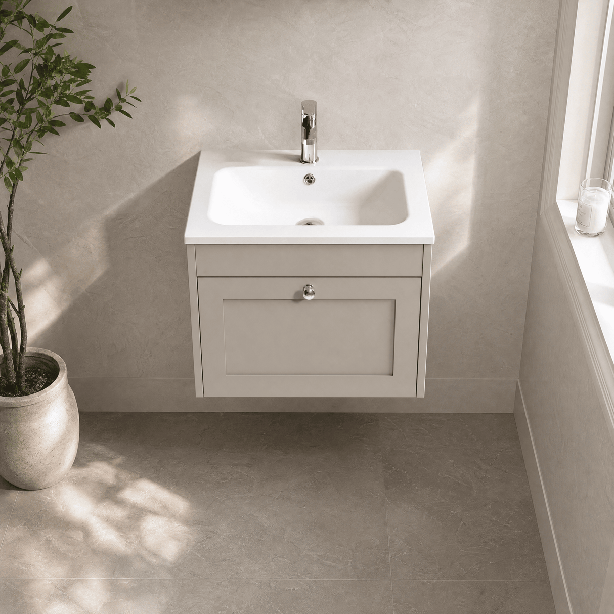 [BFHE3294P] Balterley 600mm Wall Hung 1 Drawer Unit with Stone Basin 1 Tap Hole - Pebble Grey - Lifestyle 2