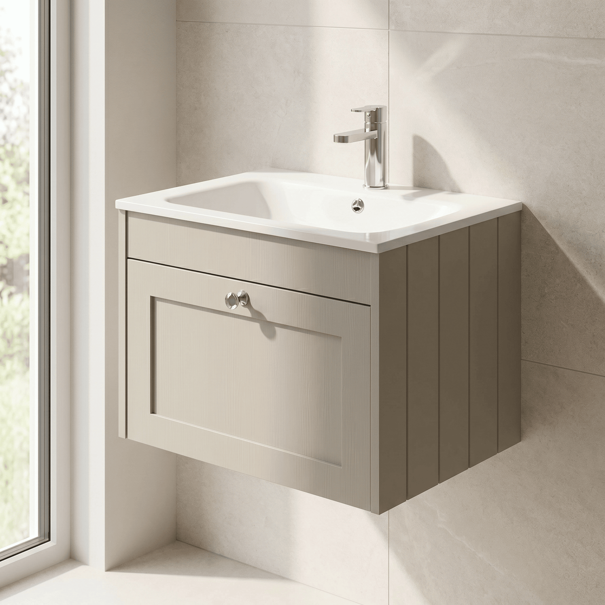 [BFHE3294P] Balterley 600mm Wall Hung 1 Drawer Unit with Stone Basin 1 Tap Hole - Pebble Grey - Lifestyle 3