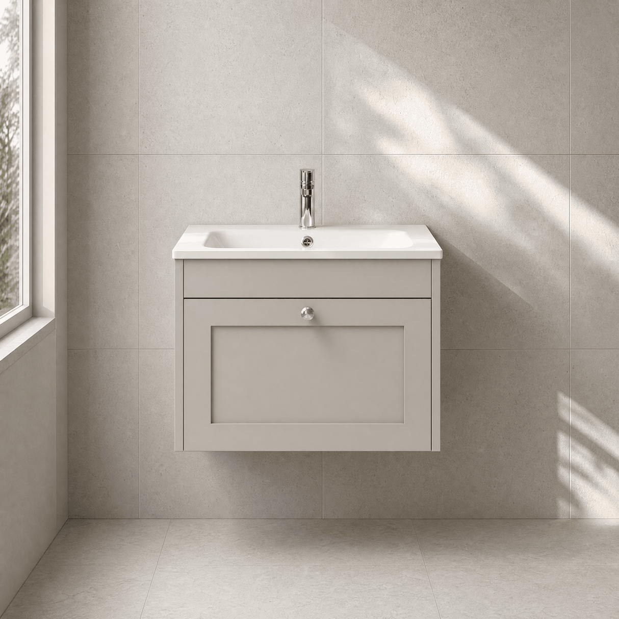 [BFHE3294P] Balterley 600mm Wall Hung 1 Drawer Unit with Stone Basin 1 Tap Hole - Pebble Grey - Silo