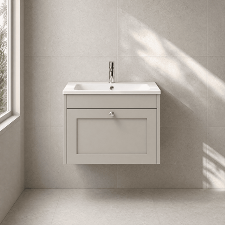 [BFHE3294P] Balterley 600mm Wall Hung 1 Drawer Unit with Stone Basin 1 Tap Hole - Pebble Grey - Silo