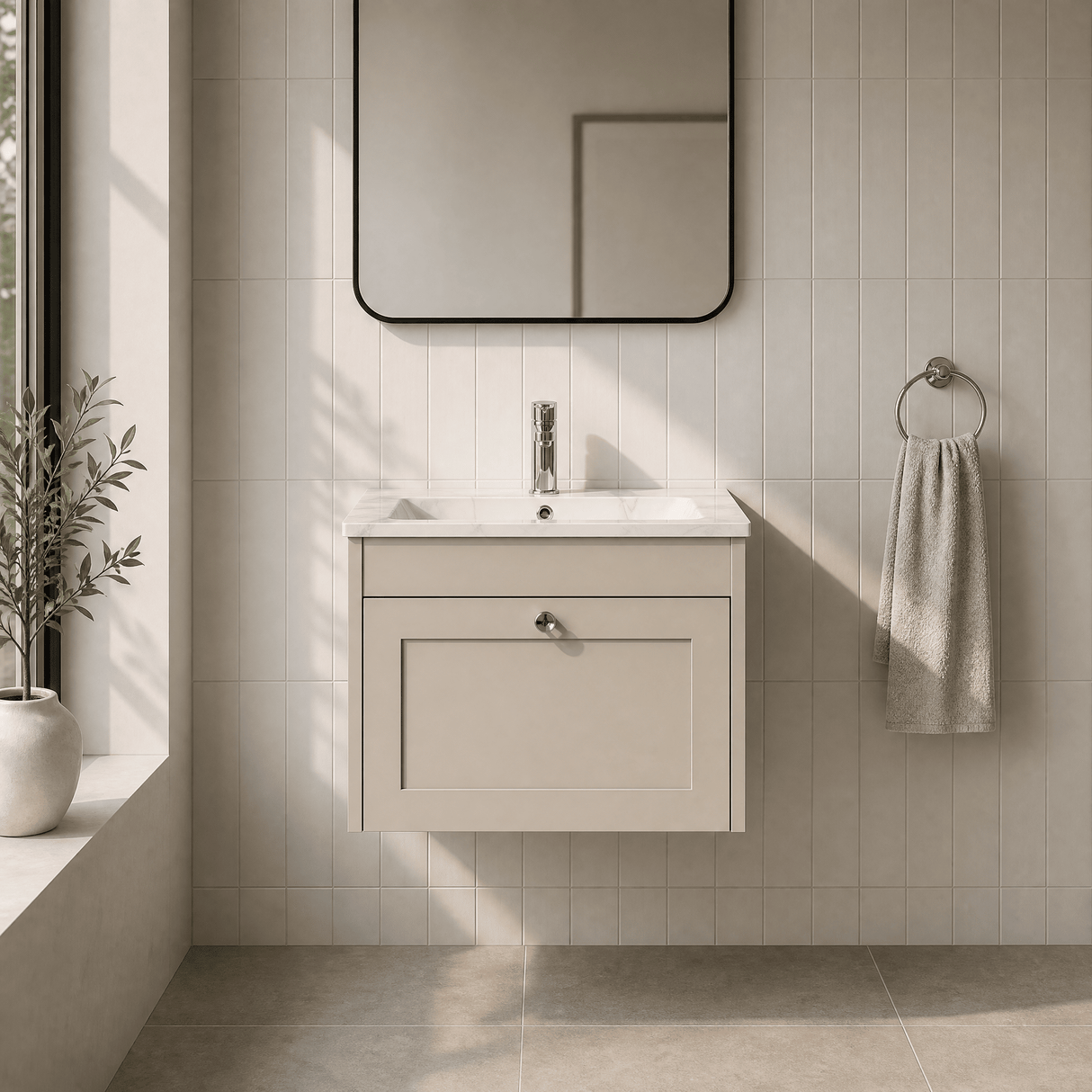 [BFHE3294Q] Balterley 600mm Wall Hung 1 Drawer Unit with Stone Basin 1 Tap Hole, Pebble Grey - Lifestyle 1