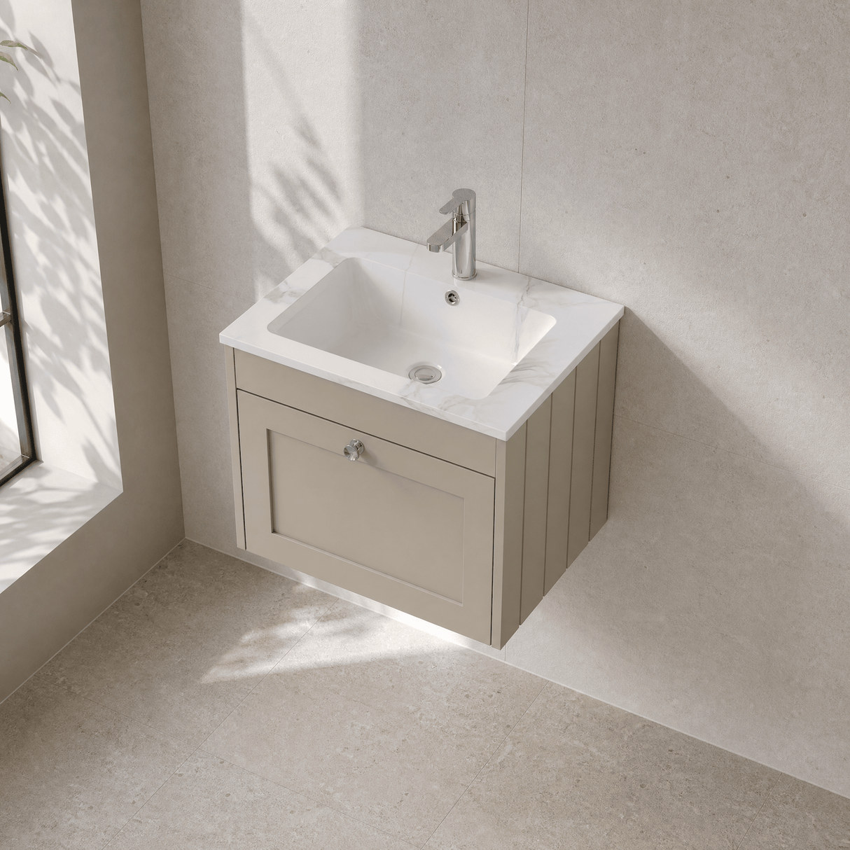 [BFHE3294Q] Balterley 600mm Wall Hung 1 Drawer Unit with Stone Basin 1 Tap Hole, Pebble Grey - Lifestyle 2