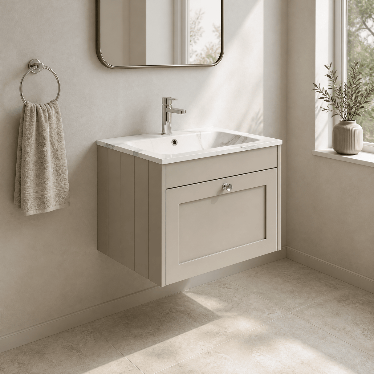 [BFHE3294Q] Balterley 600mm Wall Hung 1 Drawer Unit with Stone Basin 1 Tap Hole, Pebble Grey - Lifestyle 3