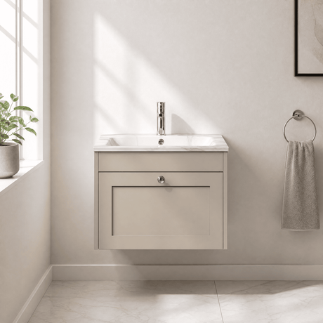 [BFHE3294Q] Balterley 600mm Wall Hung 1 Drawer Unit with Stone Basin 1 Tap Hole, Pebble Grey - Silo