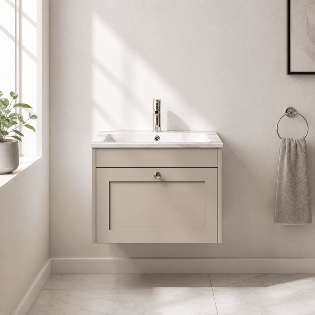 [BFHE3294Q] Balterley 600mm Wall Hung 1 Drawer Unit with Stone Basin 1 Tap Hole, Pebble Grey - Silo