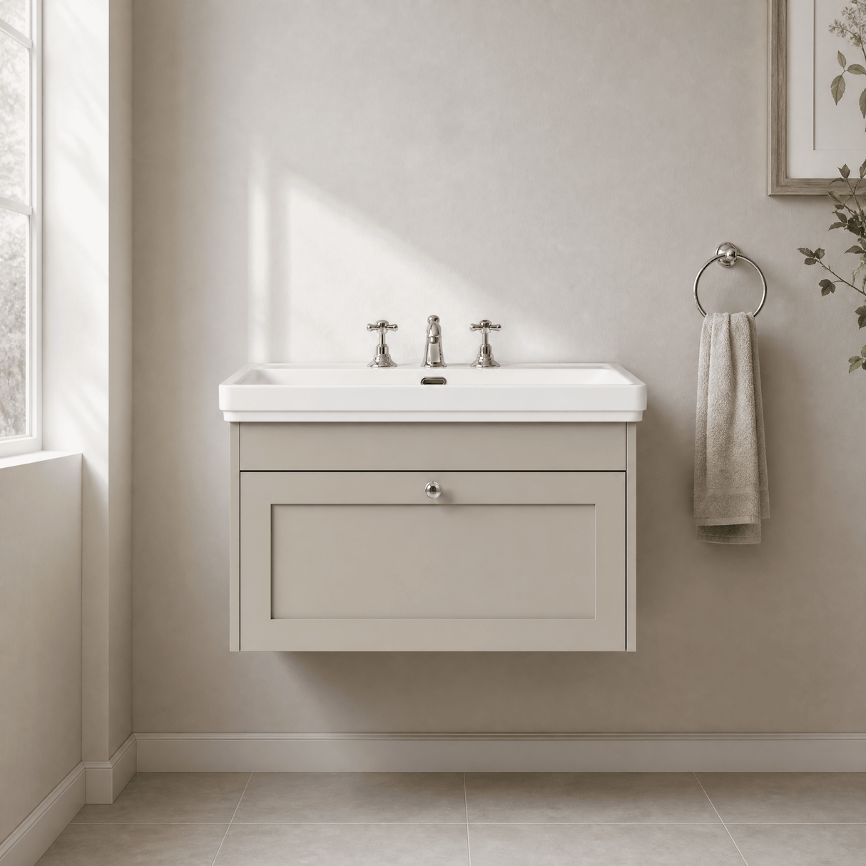[BFHE3296B] Balterley 800mm Wall Hung 1 Drawer Unit with Classic Basin 3 Tap Hole - Pebble Grey - Lifestyle 1