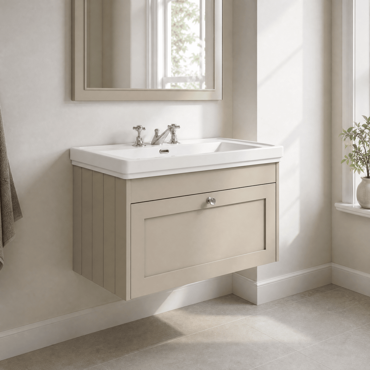 [BFHE3296B] Balterley 800mm Wall Hung 1 Drawer Unit with Classic Basin 3 Tap Hole - Pebble Grey - Lifestyle 3
