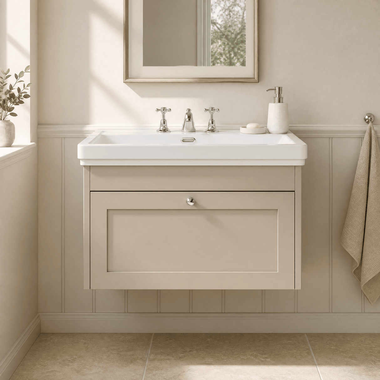 [BFHE3296B] Balterley 800mm Wall Hung 1 Drawer Unit with Classic Basin 3 Tap Hole - Pebble Grey - Silo
