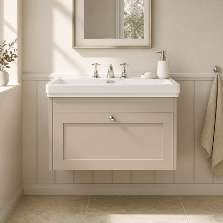 [BFHE3296B] Balterley 800mm Wall Hung 1 Drawer Unit with Classic Basin 3 Tap Hole - Pebble Grey - Silo