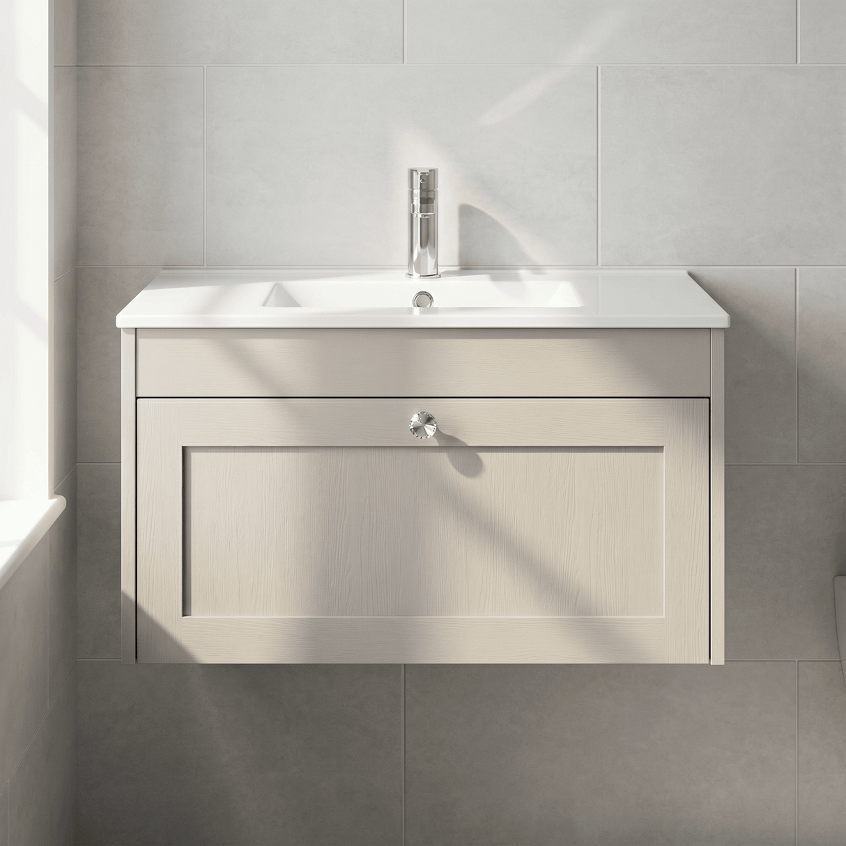[BFHE3296C] Balterley 800mm Wall Hung 1 Drawer Unit with Minimalist Basin 1 Tap Hole - Pebble Grey - Lifestyle 1